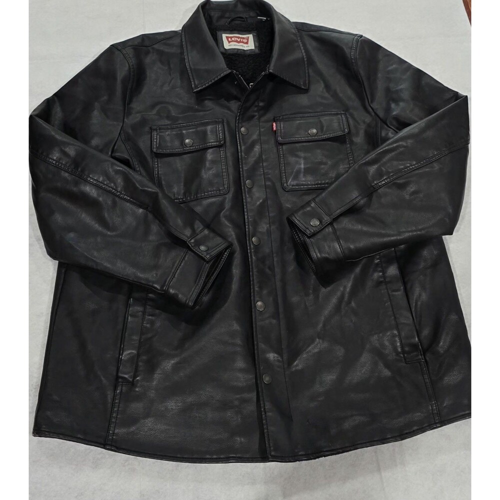 Levis Jacket Mens XL Black Faux Leather Sherpa Lined Shirt Jacket